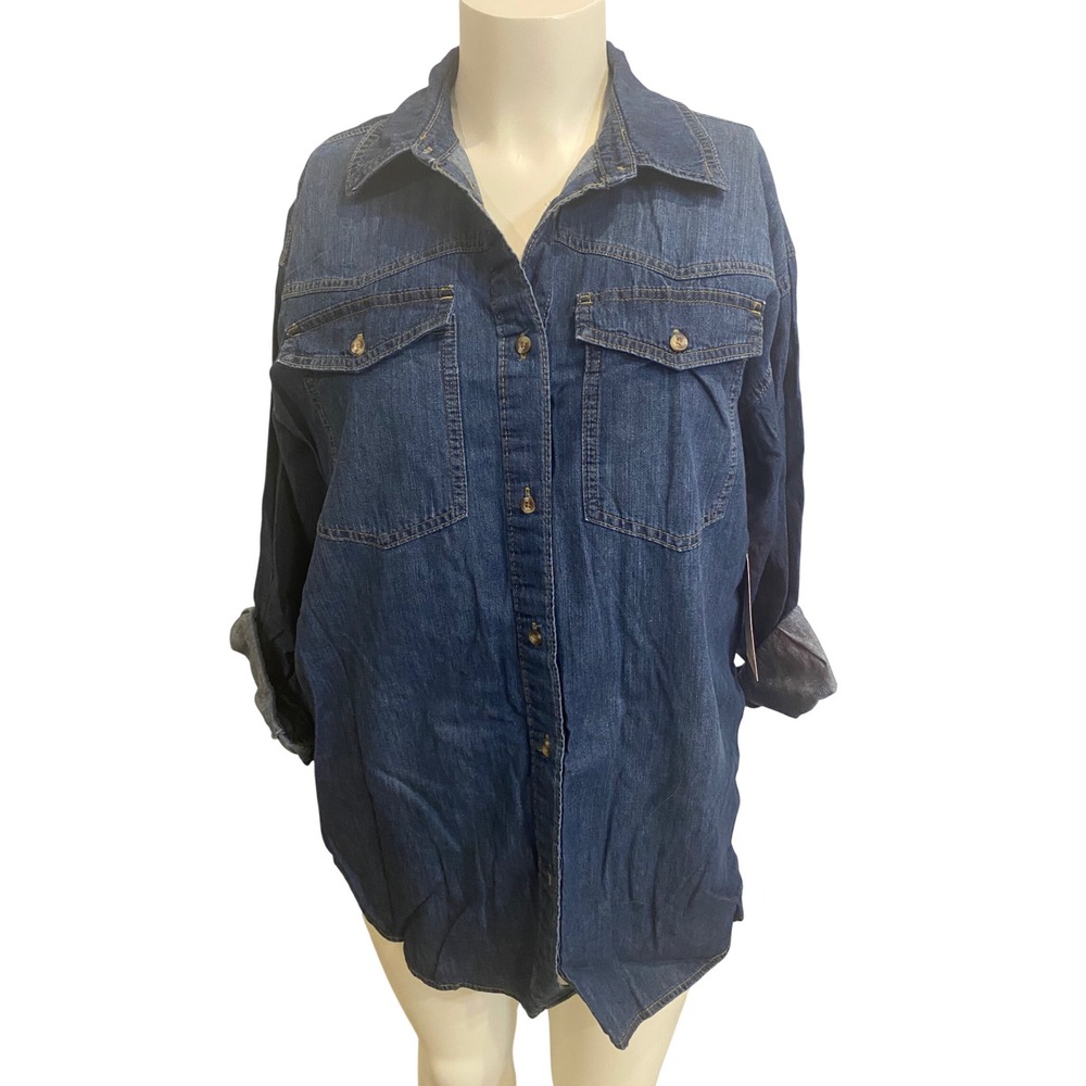 Sofia by Sofia Vergara Womens Oversized BF Denim Shirt Dark Wash Blue Size M8-10